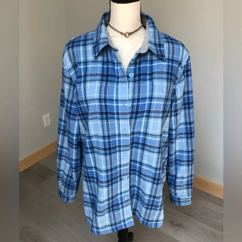 L.L.Bean Blue Plaid Fleece Lined Flannel Shacket Size Large - Picture 4 of 10